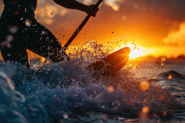Surfista montando una ola al atardecer CloseUp Una silueta de surfista monta una ola en cresta contra el telón de fondo de una impresionante puesta de sol en el océano