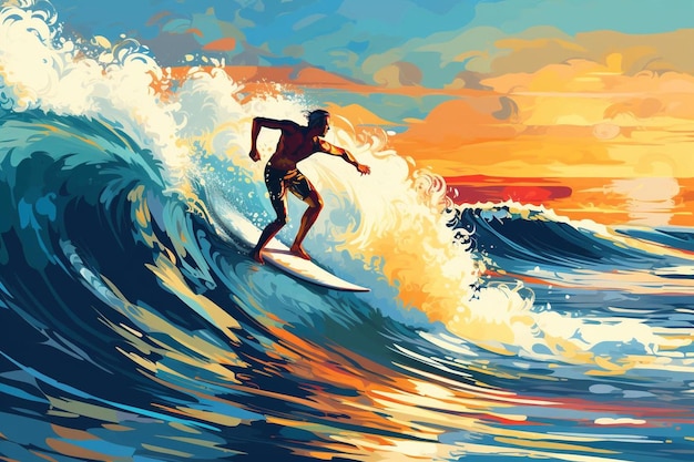 Un surfista montando una ola al atardecer.