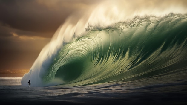 Un surfista montando una ola enorme hasta la orilla.