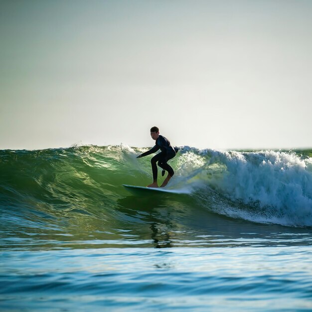 El surfista montando una ola larga juega con la luz en la superficie del agua añadiendo drama