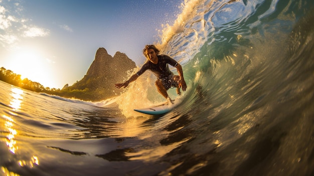 surfista montando una ola en el océano al atardecer con montañas en el fondo ai generativo