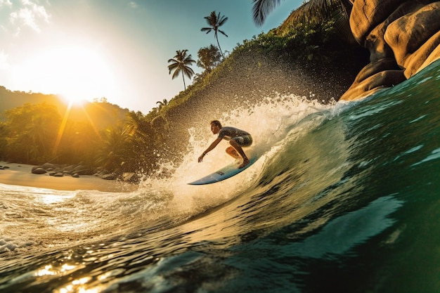 surfista montando una ola en el océano al atardecer con palmeras en el fondo ai generativo