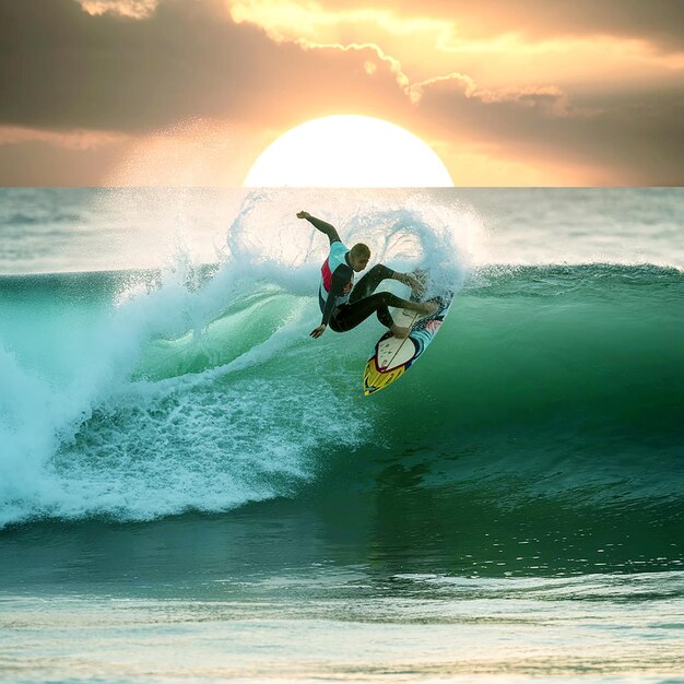 Foto un surfista está montando una ola en el océano al atardecer