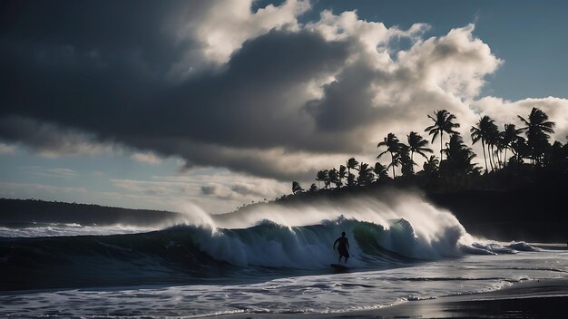 Foto un surfista está montando una ola en el océano con palmeras en el fondo