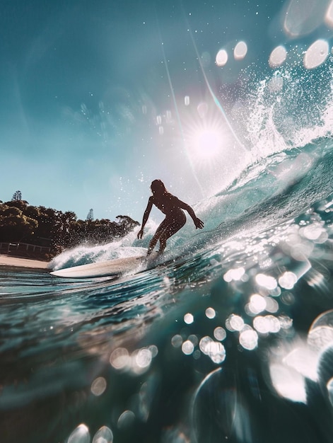 surfista montando una ola en el océano con el sol brillando a través del agua generativo ai