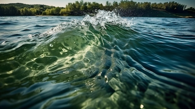Surfista montando una ola de tubo en aguas verdes detalladas y realistas con olas ondulantes y salpicaduras