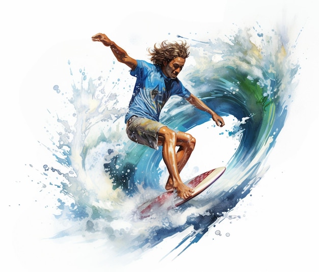 surfista montando uma onda com uma camisa azul e calções verdes