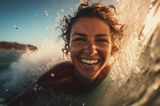 Foto surfista mulher bonita sem esforço montando uma onda com um pôr-do-sol vibrante