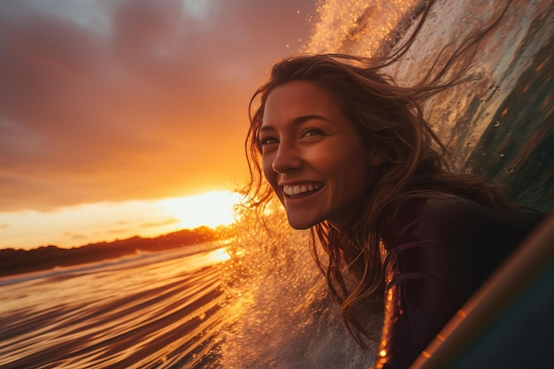 Surfista mulher bonita sem esforço montando uma onda com um pôr-do-sol vibrante