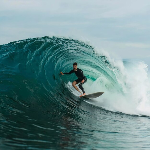 Surfista na grande onda azul do oceano