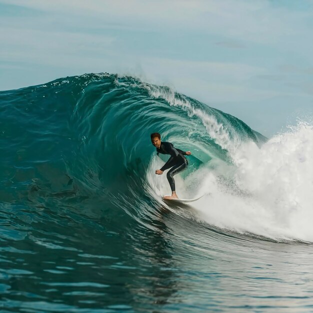 Surfista na grande onda azul do oceano