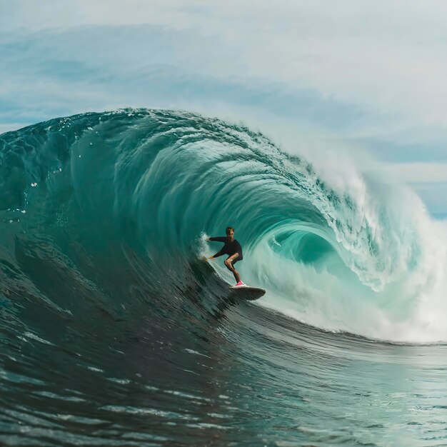 Surfista na grande onda azul do oceano