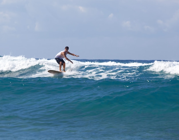 Surfista no longboard monta uma onda no mar