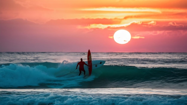 Surfista no oceano com o deslumbrante pôr-do-sol no céu ao fundo