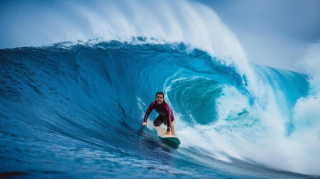 Surfista numa onda azul