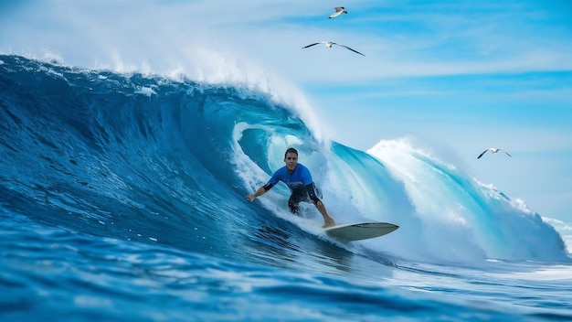 Foto el surfista en la ola azul del océano