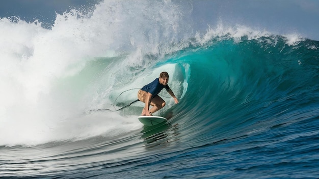 Surfista en una ola azul