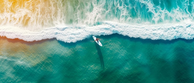 Foto surfista en la ola una vista aérea del profundo océano turquesa vista del paisaje marino de arriba hacia abajogenerati