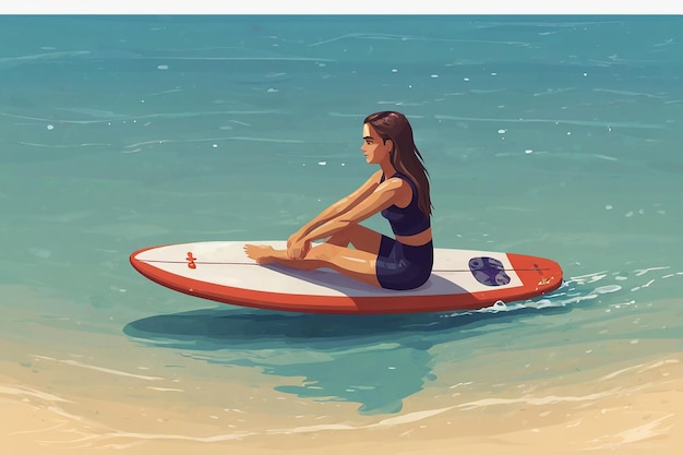 Surfista sentada em uma prancha de surf no oceano Ilustração vetorial