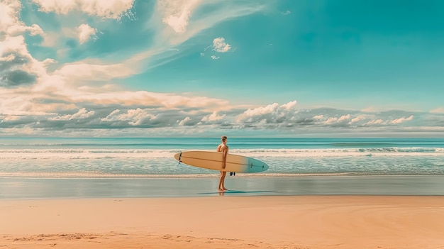 Foto surfista solitario con una tabla en una playa soleada cerca de las olas del océano