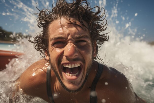 Surfista sonriente en la playa en el fondo de las olas