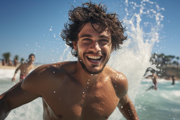 Surfista sonriente en la playa en el fondo de las olas