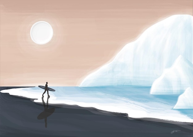 Surfista surfando na praia ilustração de onda do mar para padrão de fundo de bandeira