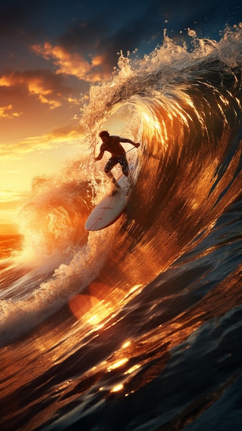 Surfista surfando uma onda ao pôr do sol em um dia claro generativo ai