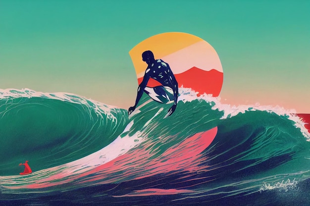 Un surfista surfeando una gran ola en el océano al amanecer