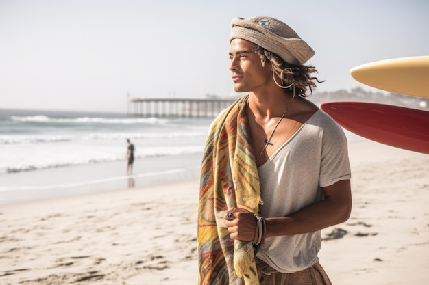 Surfista vistiendo ropa de playa y accesorios de moda para un día de surf creado con inteligencia artificial generativa