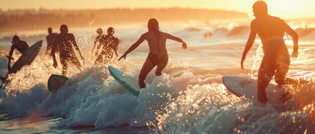 Los surfistas atrapando olas en la hora dorada