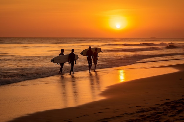 Surfistas caminando por la playa al atardecer