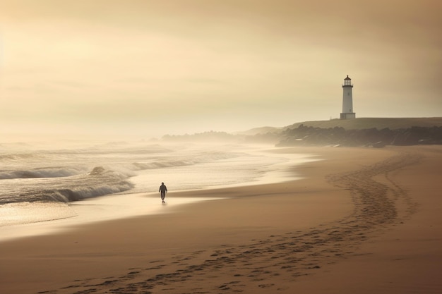 surfistas caminham pela praia perto de um farol em um dia de neblina IA generativa