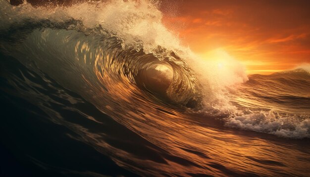 Foto surfistas de pôr-do-sol montam as ondas no crepúsculo geradas pela ia