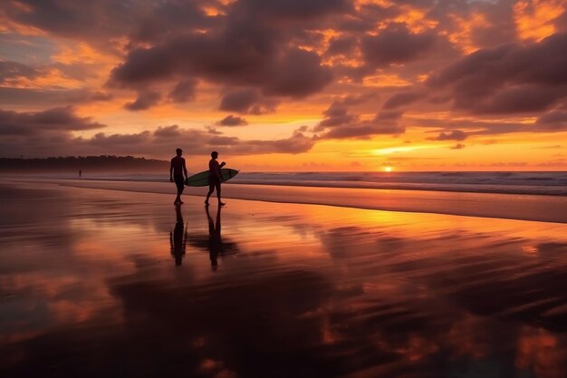 Surfistas disfrutando de una increíble puesta de sol con hermosas formaciones de nubes y el sol Generativo Ai