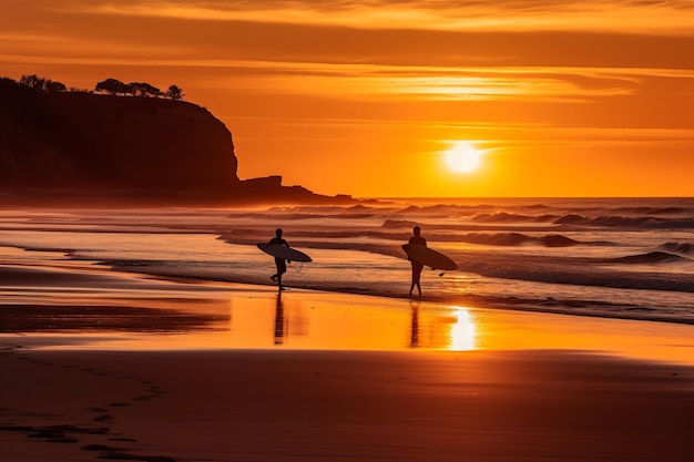 Surfistas na praia ao pôr do sol com um pôr do sol ao fundo