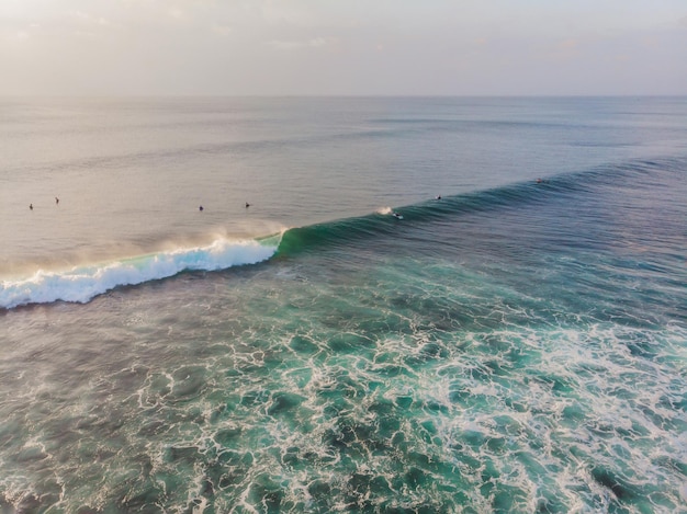 Surfistas nas ondas na vista superior do oceano