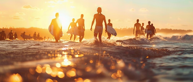 Surfistas pegando ondas na hora de ouro