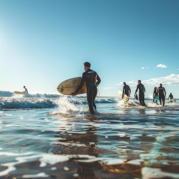 Surfistas pegando ondas na hora de ouro