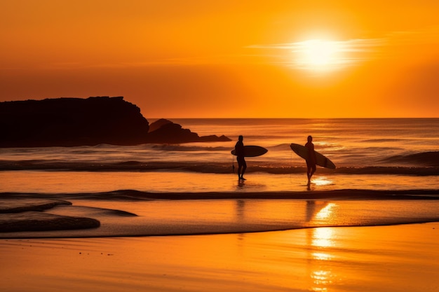 Surfistas en la playa al atardecer con la puesta de sol detrás de ellos