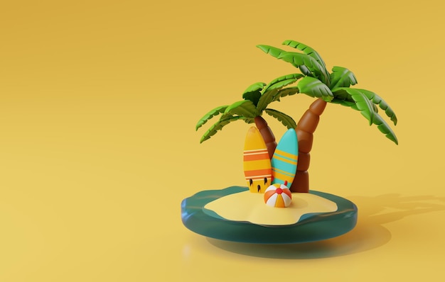 Surfs Up de la tabla de surf en el paraíso tropical 3D