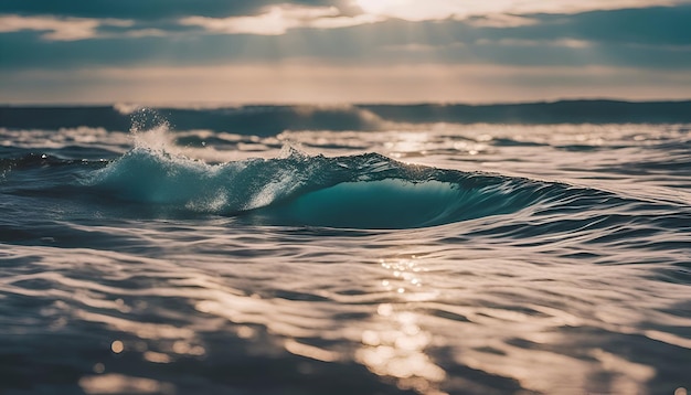 Surfwelle im Ozean bei Sonnenuntergang Nahaufnahme