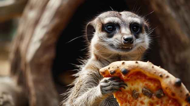 El suricata comiendo pizza de cerca.