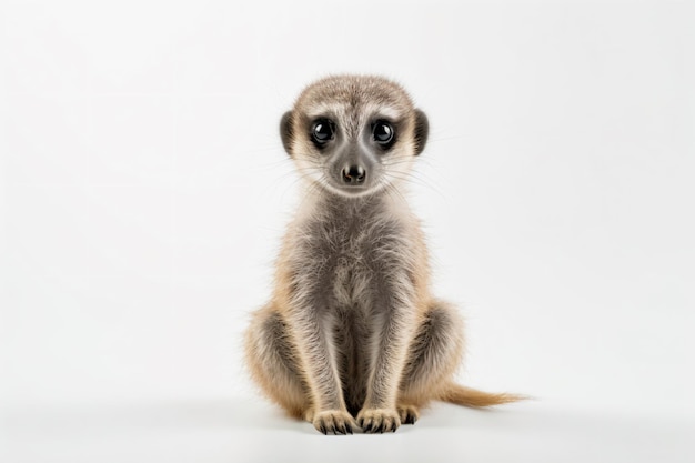 Una suricata sentada sobre un fondo blanco.