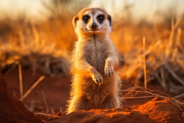 Foto suricato curioso em pé sobre as patas traseiras, em pose de observador