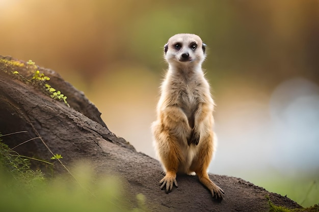 Un suricato se sienta en una roca en un bosque.