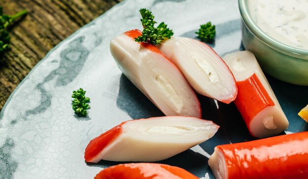 Surimi de palitos de cangrejo en plato de cerámica. Fondo de receta de comida. De cerca