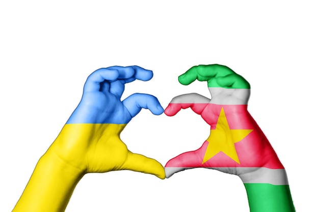 Suriname-Ukraine-Herz, Handgeste, die Herz macht, betet für die Ukraine