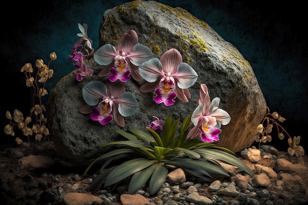 Surple große Orchideenblüten auf großen Steinen