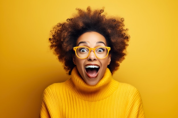 Surpreendida Jovem Mulher Afro-Americana com Óculos de fundo amarelo espaço de cópia